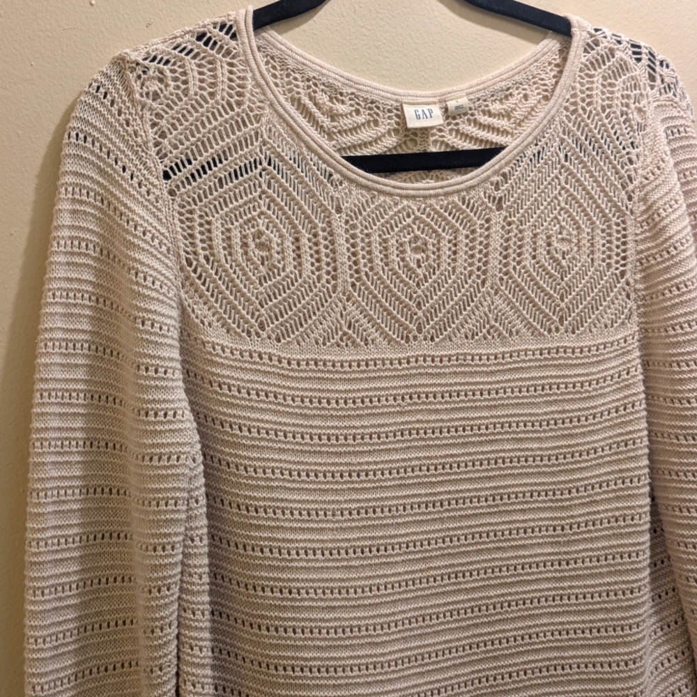 GAP Crochet Yoke Pattern Oatmeal Heather Cotton Knit Long Sleeve Sweater Top- L - Picture 4 of 11